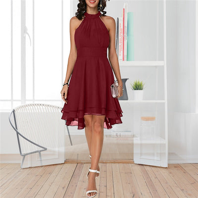 Elegant Summer Halter Midi Dress | Sleeveless - High Waist - Layered Chiffon Design
