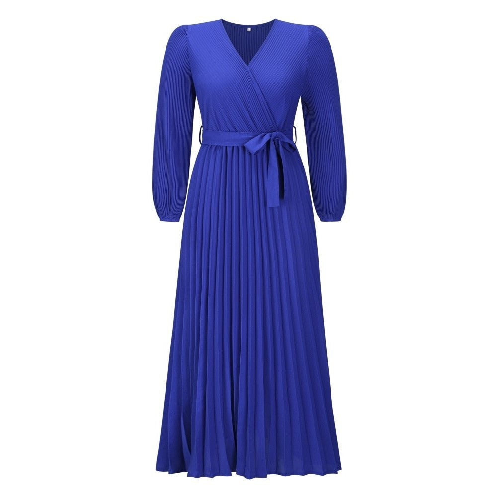 LUNARA – V-Hals Geplooide Maxi Jurk | Lente-Zomer Elegantie met Verleidelijk Volume