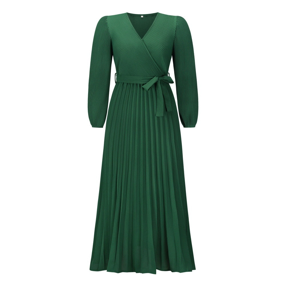 LUNARA – V-Hals Geplooide Maxi Jurk | Lente-Zomer Elegantie met Verleidelijk Volume