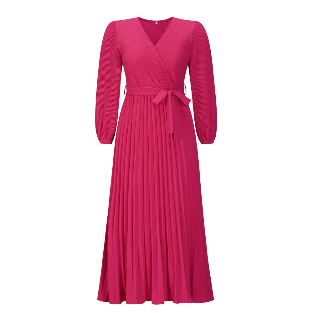 LUNARA – V-Hals Geplooide Maxi Jurk | Lente-Zomer Elegantie met Verleidelijk Volume