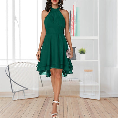Elegant Summer Halter Midi Dress | Sleeveless - High Waist - Layered Chiffon Design