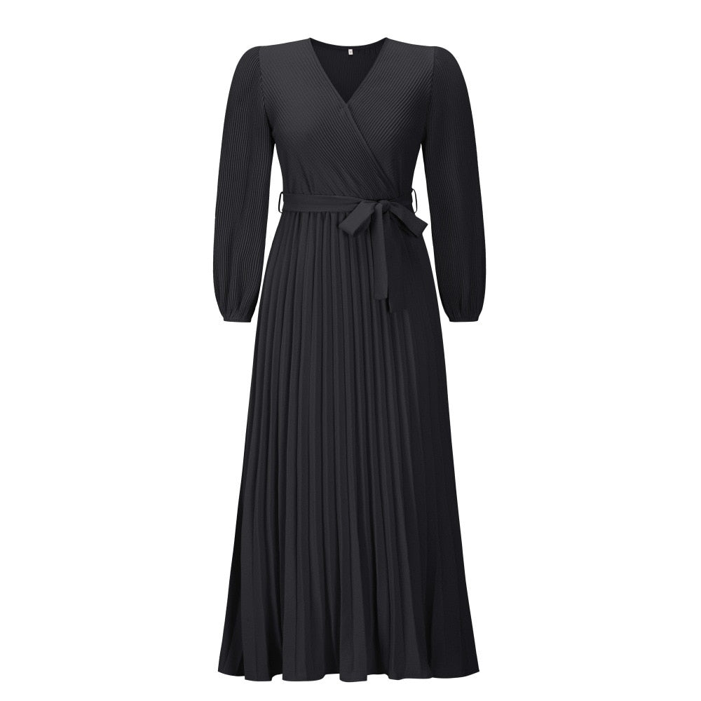 LUNARA – V-Hals Geplooide Maxi Jurk | Lente-Zomer Elegantie met Verleidelijk Volume