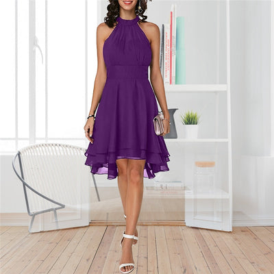Elegant Summer Halter Midi Dress | Sleeveless - High Waist - Layered Chiffon Design