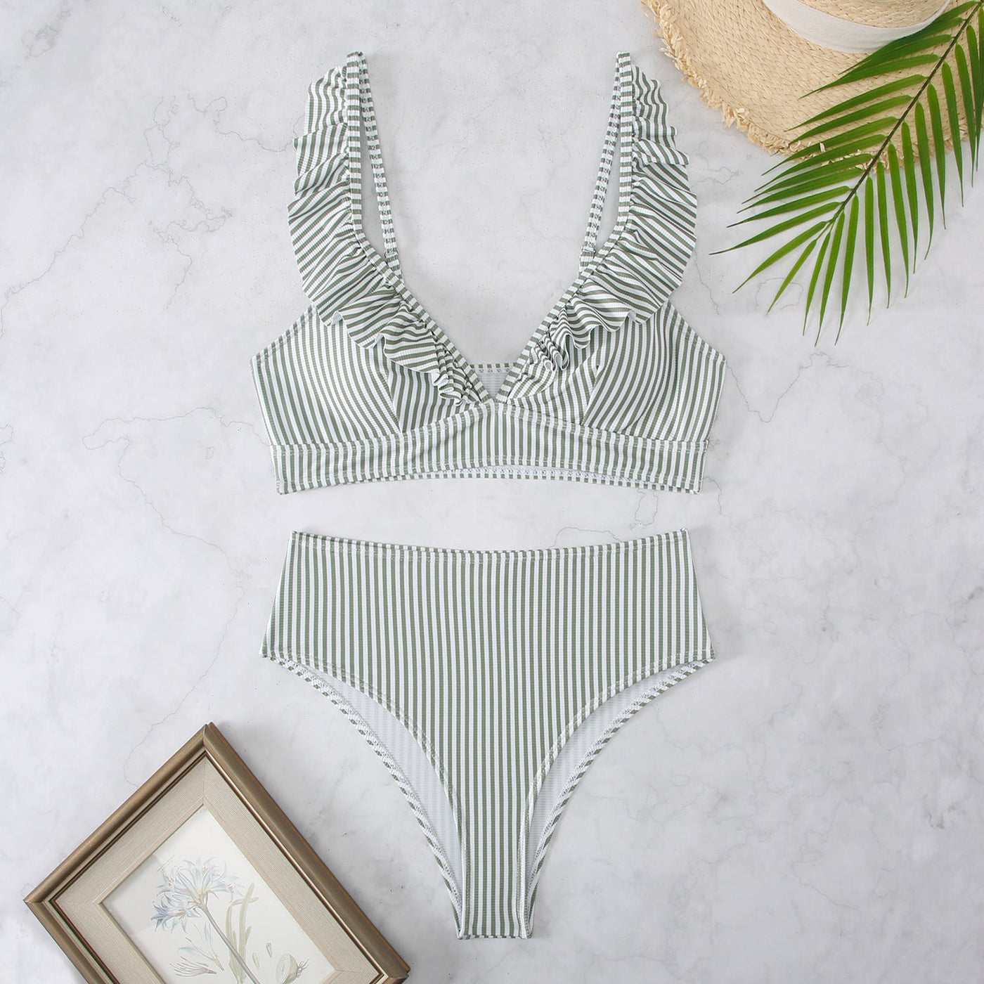LIORA | Ruffle Bikini – Elegant Ribbed Fabric and High-Cut Design 