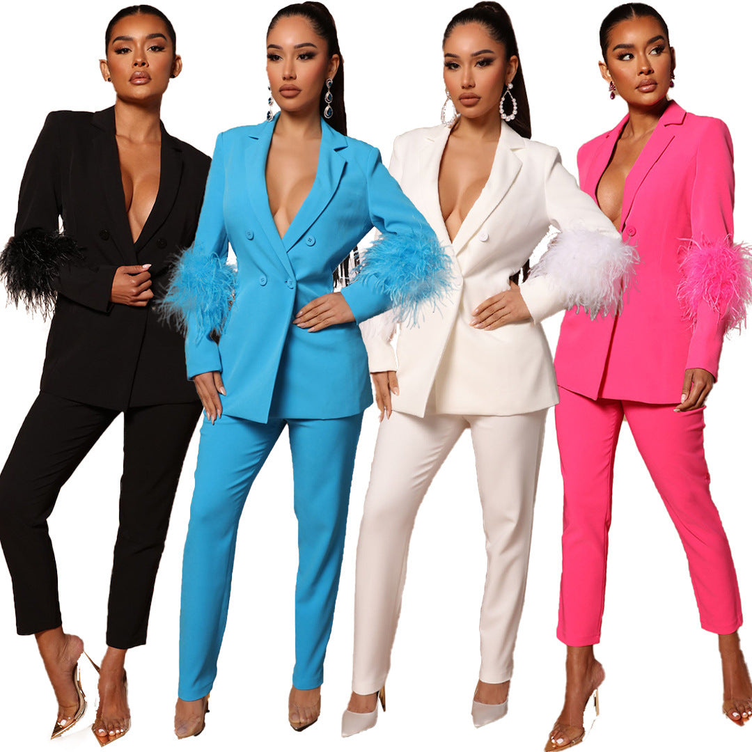 ELARA | Luxe Blazer Set met Veren – Elegant en Stijlvol